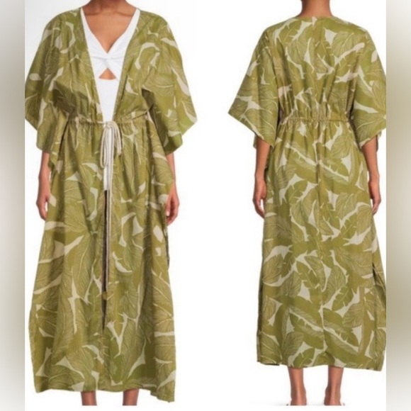 True Destinations Palm Print Belted Kaftan Swimsuit Dress Coverup - Picture 2 of 5